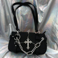 Women Small Cross Shoulder Bag Gothic Grunge Black Handbag Fashion Chain Y2k Underarm Bags Girls Punk Purse Ins Motor Biker New