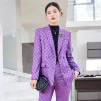 Tesco Casual Women Pantsuit 2PCS Double Breasted Blazer Flare Pant Plaid Suit Set Formal Office Lady Chic Business ropa de mujer