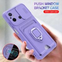 For Xiaomi Redmi 12C 4G Case Push Lens Protection Soft Funda Redmi12C 12 C C12 Cover Car Magnetic Ring Holder Card Slot Coque