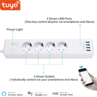 New Tuya Smart WIFI Power Strip EU Standard With 4 Plug and 4 USB Port Compatible With Alexa echo and Google Nest