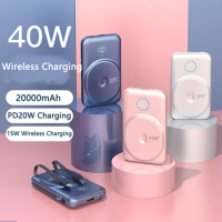 20000mAh Magnetic Qi Wireless Charger Power Bank Built in Cable for iPhone 15 Samsung Huawei Xiaomi 40W Fast Charging Powerbank