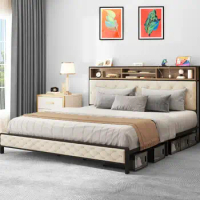 King Size Bed Frame with Upholstered Storage Headboard + Charging Station