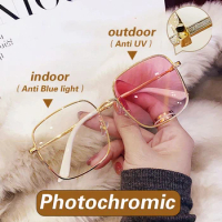 【Photochromic】-600-50 Shiny Myopia Glasses Large Square Nearsighted Glasses Women Big Face Computer Glasses with Grade