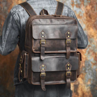 NASVA Genuine Leather Men's Backpack Vintage Backpack For Men Outdoor Travel Bag Backpack Schoolbag Laptop Bag For 15.6 Inch