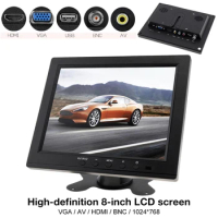 8 Inch LED Monitor HD TFT-LCD Color Monitor Mini TV Computer 2 Channel Video Input with Speaker VGA HDMI for Car