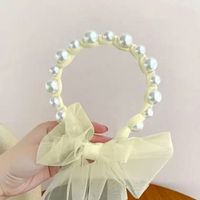 OEM SK-C935 Bandana Mutiara Pita Tulle Panjang Bisa diikat Wanita Korea / Bando Mutiara Tali Kepang 