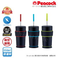 【日本孔雀Peacock】316不鏽鋼 運動不倒翁保溫杯 TPE握把 防滑防倒底座 550ML(可調式吸管)-藍黑-藍黑