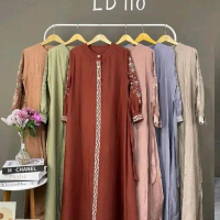 Gaun Wanita Maxi Gamis Linen Bordir LD 110 - Casual, Crinkle, Pesta, Baju, Panjang, Rayon, Dewasa, M