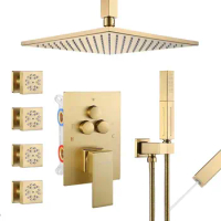 Lightmanka gold in-wall Shower System with Jets Bathroom Black Shower Faucet Set with 12 Inch Square Rain Shower Head back