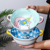 日式手繪卡通雙耳陶瓷泡面碗家用網紅餐具大碗拉面碗可愛手柄湯碗