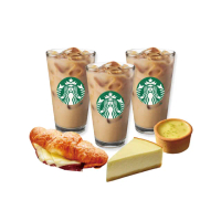 【星巴克】3杯中杯那堤+1個檸檬塔+1個起司牛肉可頌+1片經典起司蛋糕(原價665元)
