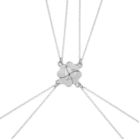 Kalung Jahitan Semanggi Empat Daun, Set 4 Keping, Batu Magnet, Loket Hati Persahabatan BFF, Kalung C