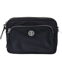【TORY BURCH】TB 圓標LOGO尼龍相機包斜背包(黑色/贈原廠防塵袋紙袋 母親節送禮)