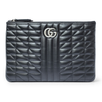 【GUCCI 古馳】525541 新款GG Marmont絎縫系列復古銀釦手拿包 (黑色)