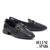 低跟鞋 HELENE_SPARK 時尚品味一字釦全真皮樂福方頭低跟鞋－黑