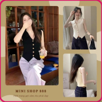 ❂Mini shop 888 Áo vest nữ cổ chữ V dệt kim, phong cách pháp thanh lịch không tay, dáng ôm body 83157