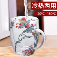 YWDL 1/2pcs Fillings Dry Flowers Double Wall Glass Cup With Handle Heat Resistant Tea Coffee Cups Espresso Milk Mug Gift