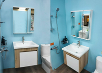 超值三件組 日式A鏡ABS收納鏡櫃+立體瓷盆搭配不鏽鋼浴櫃組+不鏽鋼面盆龍頭(LAMB-60A+6148)