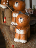 泰國工藝品木雕釣魚貓擺件東南亞裝飾品創意木頭桌面家居擺設