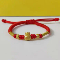 Pure 999 24K Yellow Gold 3D Bowknot Wealth Bag Red Cord Weave Bracelet