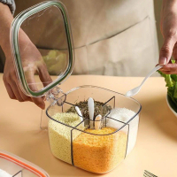 Four-Compartment Kitchen Spice Container, Household Airtight Moisture-Proof Spice Storage Box with L