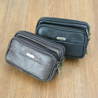 In Stock Wholesale Men's Zipper Waist Bag Horizontal Version Cowhide High-Low Phone Waist Bag Solid 