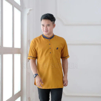 Baju Koko Pria Lengan Pendek Polos FATHAN Bahan Katun Toyobo Terbaru Army Hijau Hitam Muslim Mustard