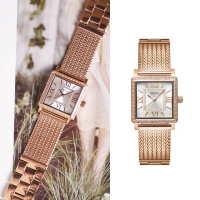 【GUESS】白面 玫瑰金殼 米蘭+不鏽鋼錶帶 晶鑽方型手錶 女錶 情人節(W0826L3)