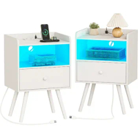 Nightstand with Charging Station and LED Lights, Bed Side Tables Set of 2, End Tables with Drawer