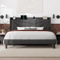 King Size Bed Frame, Modern Bed Frame with Charging Station, Wingback Storage Headboard, Solid Wood Slats Support, No Box Spring