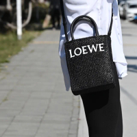 【LOEWE 羅威】Standard A5 品牌LOGO渡假風草編紙袋造型手提包兩用包(黑)
