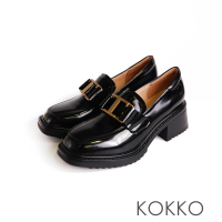 【KOKKO 集團】復古英倫風金屬飾扣方頭厚底樂福鞋(黑色)