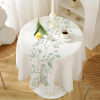 {MIMI}   Solid Embroidery Round Tablecloth with Tassels Dust-Proof Table Cover for Kitchen Living Ro