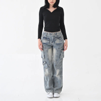 [LUNADEDOVE] L3 / BLUE CARGO JEANS - Celana Baggy Cargo Jeans Wanita Pocket Details