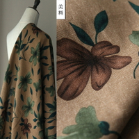中國風布 墨綠褐色大花布藝 亞麻布料 棉麻面料 秋冬季服裝 麻布