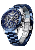 LIGE LIGE 計時碼表中性不銹鋼石英手錶，45 毫米，藍色表圈，IP 藍鋼錶鍊上的鏤空錶盤