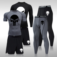 Men Compression Set MMA Long or Short Sleeve T-shirt Men's Tight Pants Fitness Bodybuilding Clothes Skull Rashguard Sports Suits