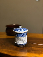 日本中古回流琴峰作手繪青花鏤空網紋蓋杯茶杯