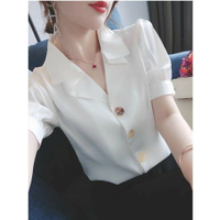 白色雪紡襯衫女夏季韓版新款短袖氣質設計感小眾復古V領襯衣