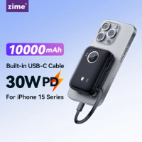 Zime 30W Mini Power Bank 10000mAh with Fast Charge Cable External Battery Fast Charger Portable Powerbank for iPhone 15 Xiaomi