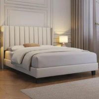 Beige Full Bed Frame Upholstered Platform Bed With Fabric Headboard Bases &amp; Frames Queen Foundation Metal Under Storage Bedroom