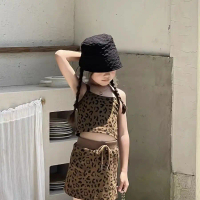 Girls' outfit: Maillard leopard print slim-fit short camisole and leopard print short skirt two-piec