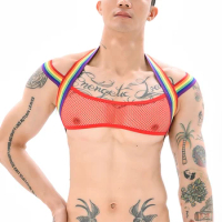 Men's Halterneck Sexy Lingerie Erotic Body Chest Harness Belt See-Through Mesh Crop Top Rainbow Vest Sex Love Costume For Gay