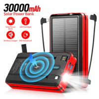 Solar Power Bank Qi Wireless Charger 30000mAh External Battery Powerbank with Cable for iPhone 14 X Samsung S22 Xiaomi Poverbank