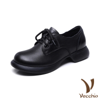 【Vecchio】真皮皮鞋 粗跟皮鞋/全真皮頭層牛皮大圓頭繫帶百搭粗跟小皮鞋(黑)