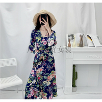 夏季女裝復古花卉印花氣質V領一片式高腰系帶喇叭袖連衣裙