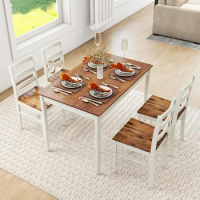 Dining Table Set for 4, Dinette Set w/Rubber Wood Legs, Modern Dining Table &amp; Chairs Set for Kitchen, Dining Room, Brown+White