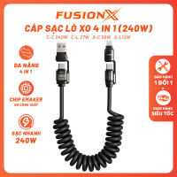 Cáp Sạc Lò Xo 4 in 1 240W - Sạc Nhanh 4 Đầu Cáp C-C, C-L, USB, Chiều Dài Tối Đa 2M | FUSIONX 240W