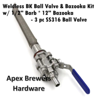 Weldless Boil Kettle Ball Valve &amp; Bazooka Kit w/ 1'2" Barb, 12" Bazooka, 3 Piece SS316 Ball Valve, Brewers Hardware