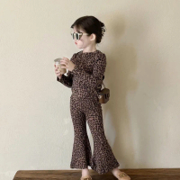 Leopard outfit for girls, new Korean fashion for autumn, long-sleeved t-shirt with flared pants two-
